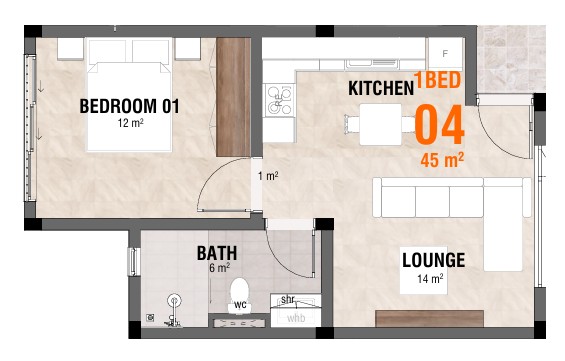1 Bedroom floor plan